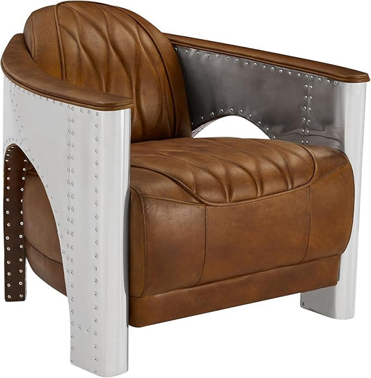 Volans Genuine Leather Accent Arm Chair with Vintage Aluminum Patchwork for Living Room Retro Cognac