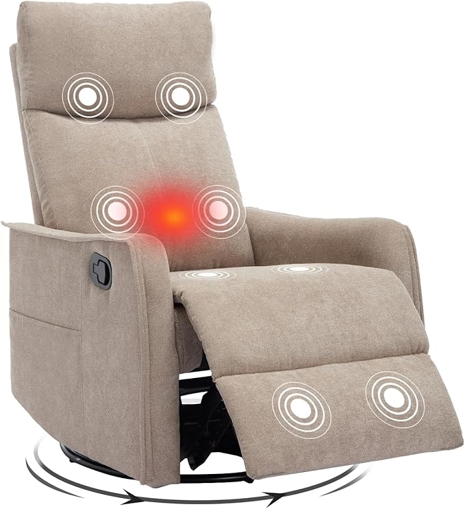 Swivel Rocker Recliner Chair 360° Swivel Recliner with Heat and Massage Rocker Recliner Nursery Glider Chair with Side Pockets for Living Room (Khaki Fabric)