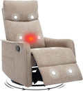 Swivel Rocker Recliner Chair 360° Swivel Recliner with Heat and Massage Rocker Recliner Nursery Glider Chair with Side Pockets for Living Room (Khaki Fabric)
