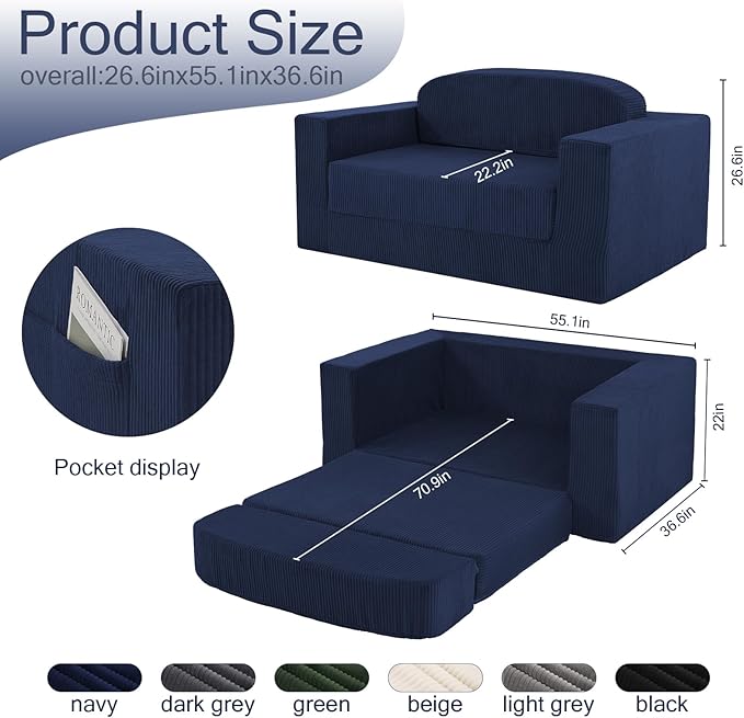MeMoreCool Boneless Corduroy Loveseat &amp Sleeper – 2-in-1 Fold-Out Futon Couch Bed with High-Density Foam Removable Washable Cover for Apartments Guest Stays Small Bedrooms