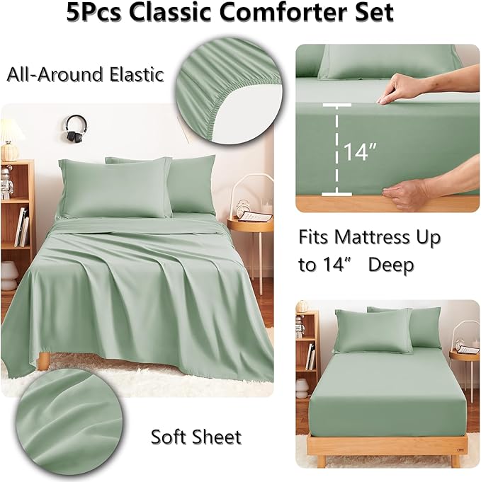 CozyLux Twin XL Comforter Set Sage Green - 5 Pieces Twin Extra Long Bed in a Bag for College Dorm All Season Bedding Set for Girls and Boys Soft Bed Set with Comforter Sheets Pillowcase &amp Sham