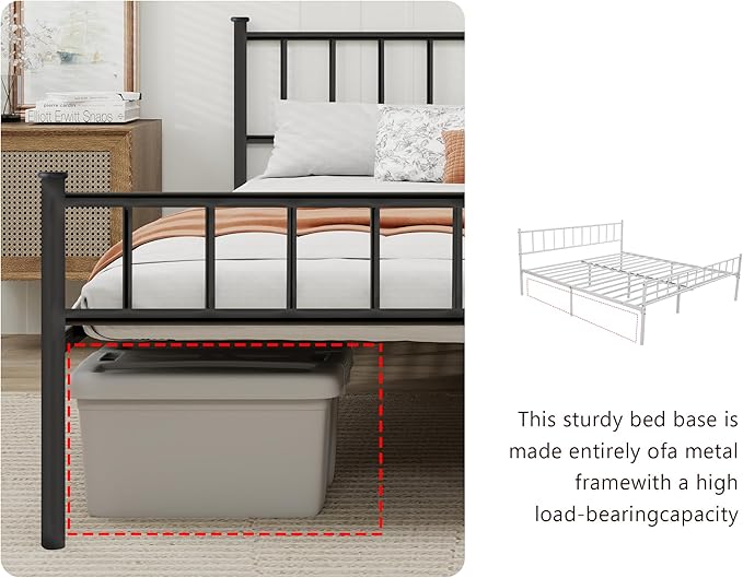 Metal Platform Queen Bed Frame with Headboard Sturdy Steel Slats Support No Box Spring Needed Easy Assembly Black