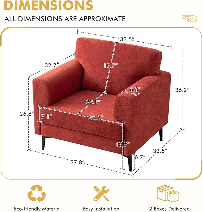 Oversized Accent Chair Upholstered Living Room Chairs Single Sofa Chair w/Metal Legs Comfy Chenill Fabric Reading Lounge Armchair for Apartment Bedroom Office Terracotta 1PC