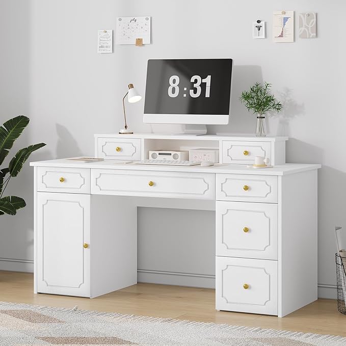 Catrimown White Desk with 7 Drawers 54 Inch Computer Desk with Cabinet for Work Writing Study Vanity Desk with Golden Handle for Girls Bedroom