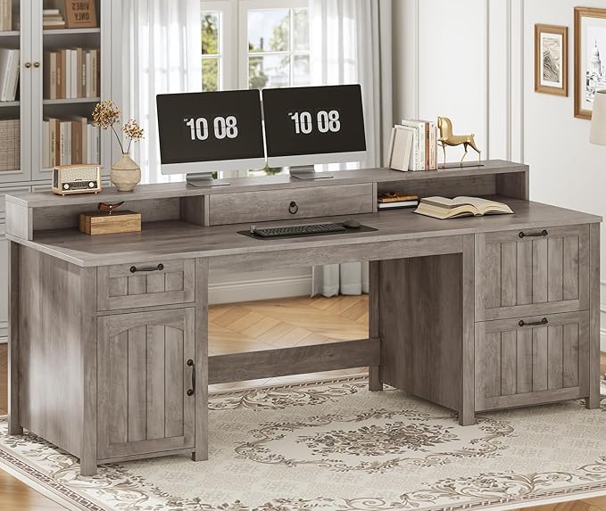 SEDETA Farmhouse 63 Executive Desk Wood Computer Desk with Drawers and Storage Cabinet Home Office Desk with File Drawer and Monitor Stand Wood Desk for Work Study Writing Grey