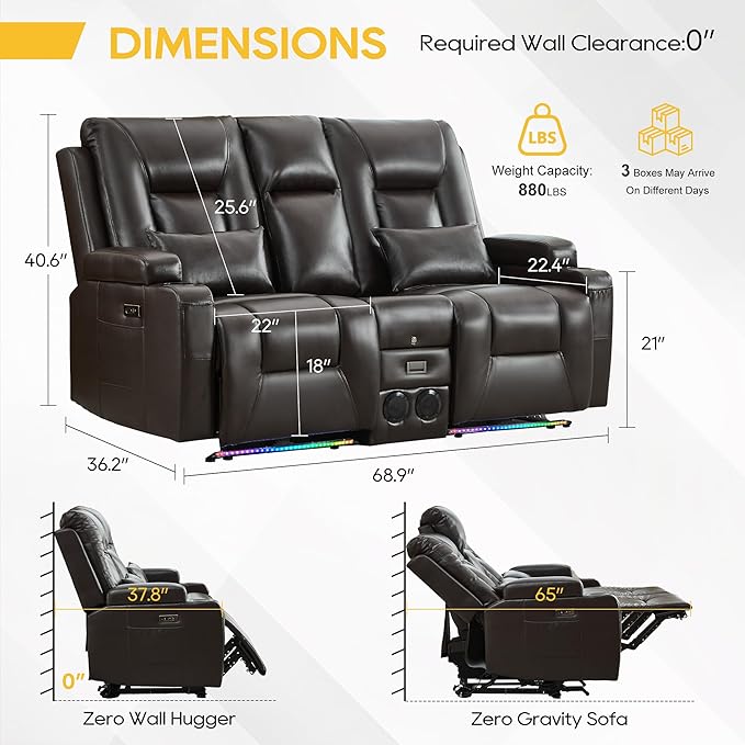 IPKIG Power Recliner Loveseat with Console Zero Wall Hugger Sofa Couch PU Leather 2-Seater Sofa with LED Lights AC Outlets USB Ports Brown | Storage Drawer Bluetooth Speaker Living Room Chair