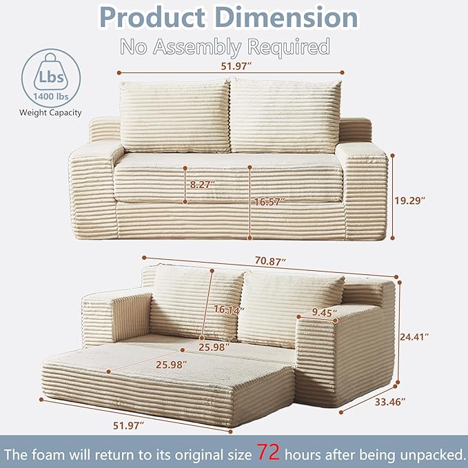 70.87 Loveseat Sofa Bed - Corduroy Upholstered Comfy Deep Seat &amp Modern Design - Small Space Friendly No Assembly Needed - Ideal for Living Room Bedroom Apartment Home Office Beige
