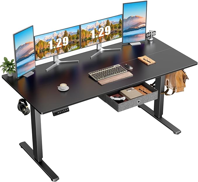 NEWBULIG Electric Standing Desk Height Adjustable Sit Stand Home Office Computer Desks with Drawer 63 x 24 Inches Black Top and Frame