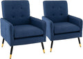 GOFLAME Modern Accent Chair Set of 2 Upholstered Leisure Armchair with Metal Legs Removable Seat Cushion Adjustable Foot Pads Linen Fabric Single Sofa Chair for Living Room Bedroom Office Blue
