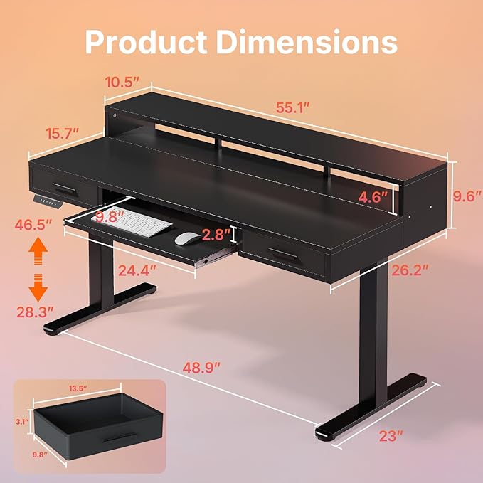 HUANUO 55″ x 26″ Electric Standing Desk with 2 Drawers &amp24.4″ Large Keyboard Tray C-Clamp Mount Compatible Adjustable Computer Desk for Office Sit Stand Up Desk with 4 Height Presets Black