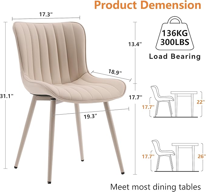 YOUNUOKE Mid-Century Modern Dining Chairs Set of 2 Cream PU Leather Upholstered Kitchen Chairs with Cream Metal Legs Armless Accent Chair for Dining Room Guest Reception Room