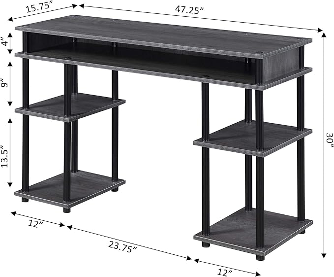 Convenience Concepts Designs2Go No Tools Desk Home Office Desk with Shelves Corner Shelf Vanity Desk Computer Desk Nail Table for Nail Tech - 47.25 L x 15.75 W x 30 H Charcoal Gray/Black