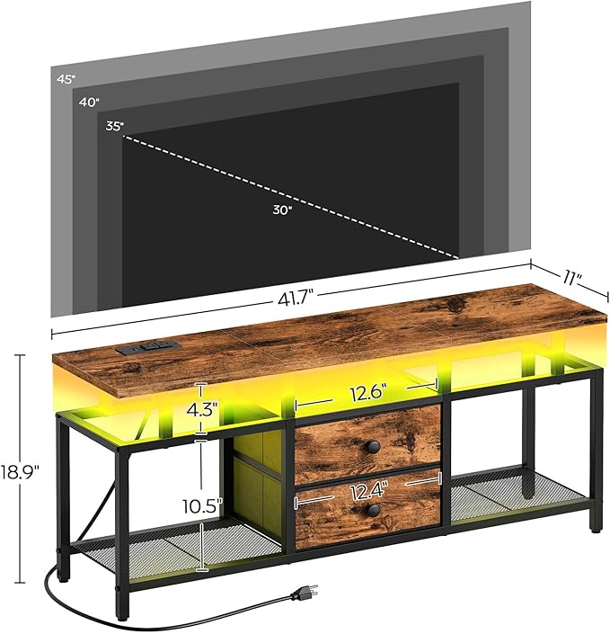 TV Stand with LED Light and Power Outlets Entertainment Center with Fabric Drawers and Open Shelves 41.7 TV Cabinet for TVs up to 45 Inch Media Console for Living Room Brown DS03UDBR