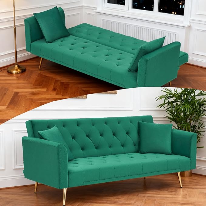 71 Velvet Futon Sofa Bed Convertible Sleeper Couch with 2 Pillows - Modern Loveseat Small Sofa 3-Angle Adjustable Backrest Golden Metal Legs for Living Room Bedroom Apartment Easy Assembly (Green)