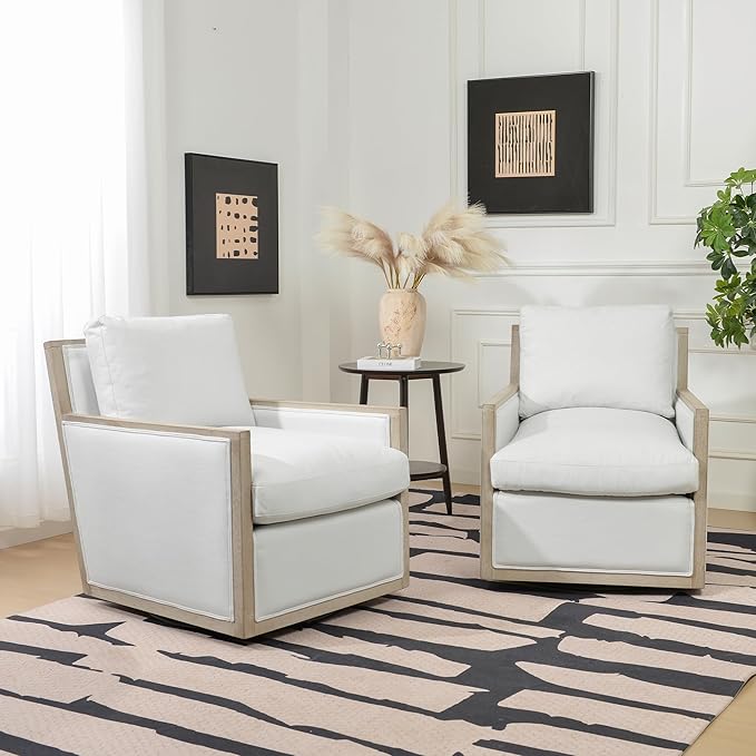 KINWELL 27 Wide Oak Wood Frame Performance Fabric Swivel Armchair Set of 2 No Assembly Down Fill Upholstered Swivel Barrel Chair with Removable Pillow Back for Living Room Bedroom (Ivory)