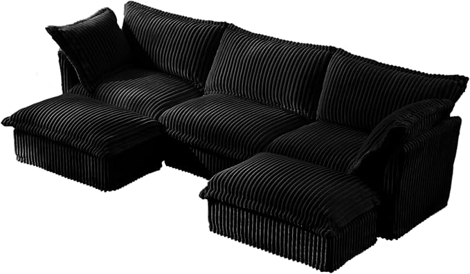 120 Inch 3-Seater Oversized Sectional Sofa with 2 Ottomans - Wide Deep Seat Removable Washable Corduroy Fabric for Living RoomBlack