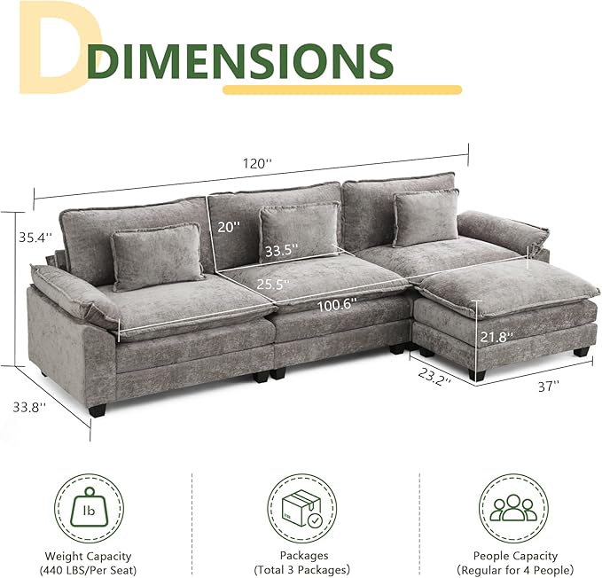 120 L Shaped Couch Modular Sectional Sofa Cloud Couch with Movable Ottoman Modern Chenille Deep Seat Sleeper Sofa with Throw Pillows for Living Room and Apartment (Grey 4-Seat)
