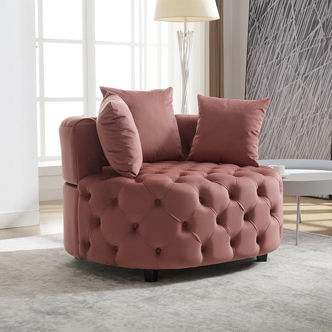Eafurn 40.6 Wide Oversized Velvet Barrel Accent Chair Modern Round Armchair with Deep Button Tufting &amp 3 Toss Pillows Modern Lounge Chair for Living Room Bedroom Reading Nook