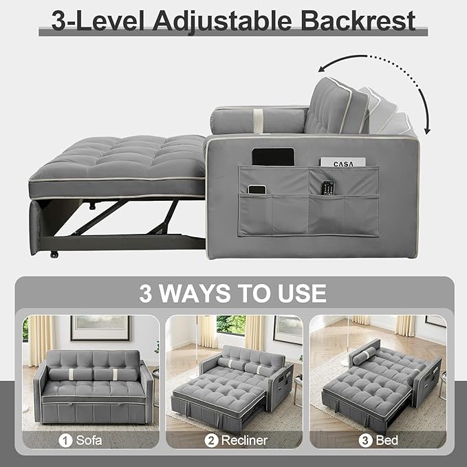 3-in-1 Convertible Sleeper Sofa Bed55.5 Modern Velvet Tufted Pull Out Couch BedFuton Small Love Seat Sofa with Adjustable Backrest&ampCylinder Pillows for Living RoomBedroomApartment(Grey)