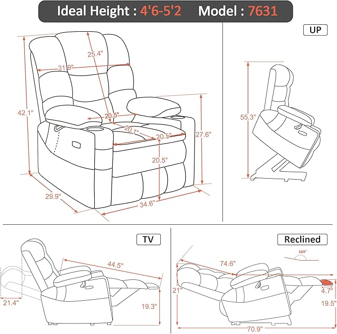MCombo Small Triple Motor Power Lift Recliner Chair with Massage and Dual Heating Adjustable Headrest for Petite Elderly People Fabric 7631 (Coffee Small)