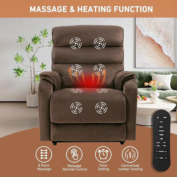 EONIX Large Lay Flat Power Lift Recliner Chair for Elderly Oversized Electric Lift Chairs 400lbs Heavy Duty Power Recliner with Heat and Massage SLRY022063 Chenille Brown