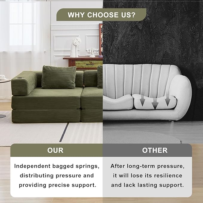 78 Loveseat Sleeper Sofa 4 in 1 Convertible Floor Sofa Bed Boneless Cloud Couch with Cup Holder Fold Out Floor Couch for Living Room Bedroom Lounge Corduroy Olive