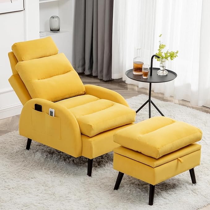 Accent Chair with Ottoman Comfy Reading Chair with Ottoman Set Modern Oversized Velvet Lounge Armchair with Adjustable Backrest for Living Room Bedroom (Yellow)