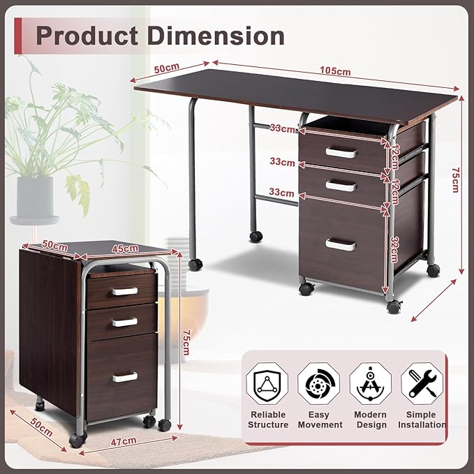 Foldable Computer Laptop Desk w/ 3 Drawers Wheeled Laptop Desk with Metal Frame Space Saving Folding Desk with Rolling Wheels for Home Office Small Space (Brown)
