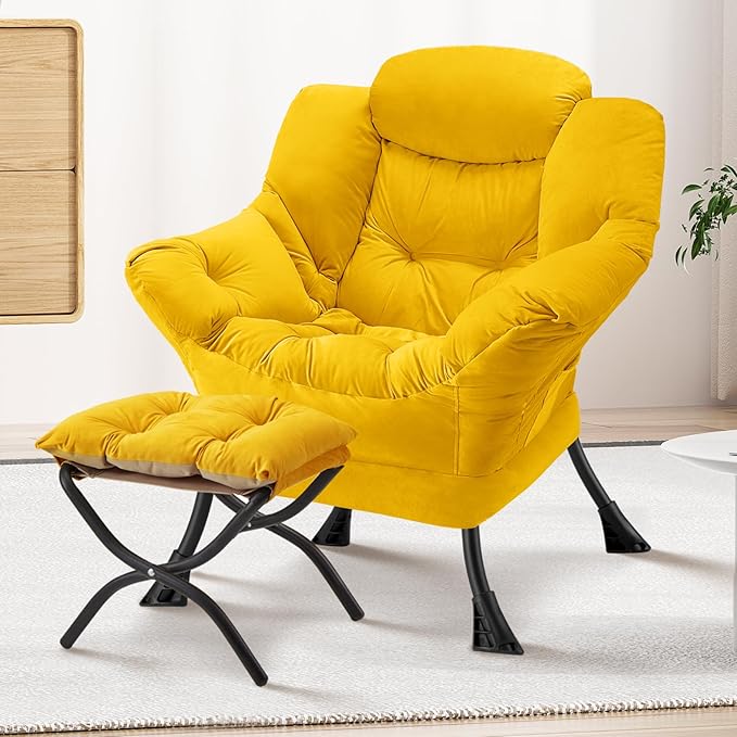 Lazy Chair with Folding Ottoman Modern Large Accent ChairContemporary Lounge Leisure Sofa Chair with Armrests Upholstered Sofa Armchair Reading Chair for BedroomDorm &amp Office (Yellow-f)