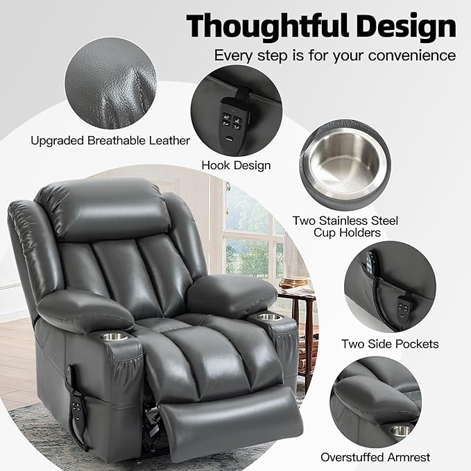 Lay Flat Lift Recliner Chair with Massage &amp Heat for Elderly People Electric Power Lift Chair w/Dual Motor 2 Stainless Steel Cup Holders and 2 Remote Controls Breathable Faux Leather Grey