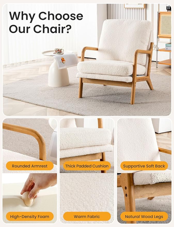 Mid Century Modern Accent Chairs for Living Room 23” Wide Comfy Chair for Bedroom Small Cozy Sherpa Reading Chairs for Adults 108° Lounge Arm Chair with Detachable Cover 5.5 Foam Cushion