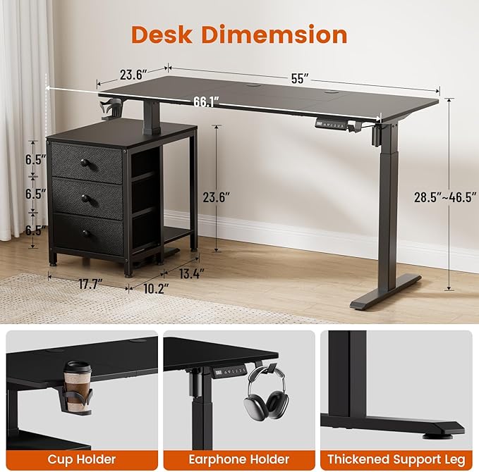REAHOME Electric Standing Desk with Drawers 55 x 24 Inches Height Adjustable Sit Stand Desk with Storage 3 Memory Preset Home Office Computer Desk Printer Cabinet 2 Hooks Cable Management Black
