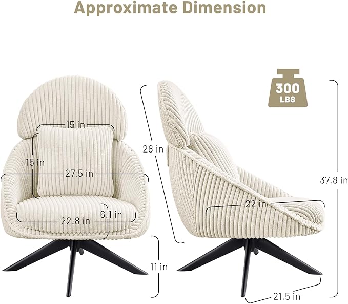 Furniliving Modern Accent Chair Upholstered Swivel Desk Chair for Living Room Sofa Chair for Bedroom Armchair Side Chair with Headrest Bedroom Chair with Pillow Comfy Corduroy Chairs Beige