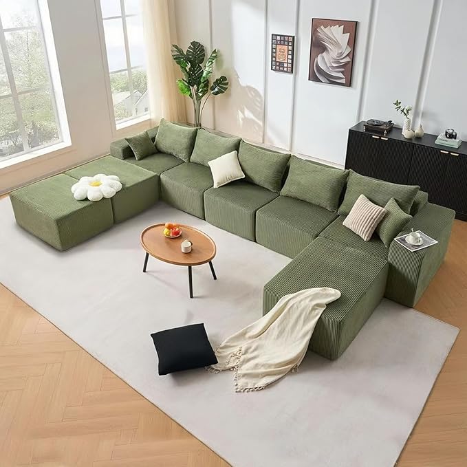 155 Oversized Cloud Boneless Couches for Living Room U-Shaped Modular Sectional Sofa with Deep Seat 8 Seater Boneless Couch with Ottoman &amp Pillows DIY Combination Modular Couch (Green 155)