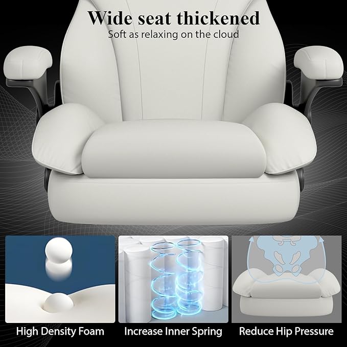 Office Desk Chair Executive Leather Office Chair High Back Ergonomic Home Desk Chair with Padded Flip-up Arms Big and Tall Computer Chair with Rocking Function 360°Swivel Free White