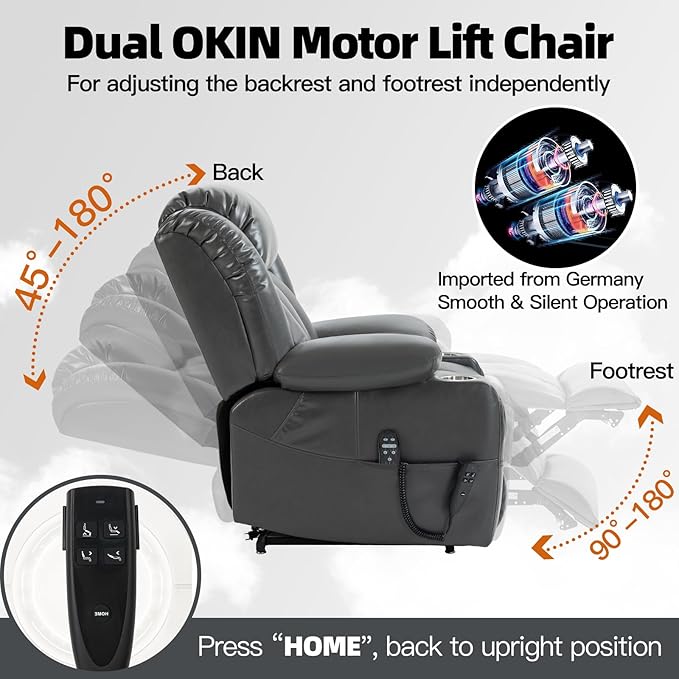 Lay Flat Lift Recliner Chair with Massage &amp Heat for Elderly People Electric Power Lift Chair w/Dual Motor 2 Stainless Steel Cup Holders and 2 Remote Controls Breathable Faux Leather Grey