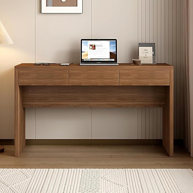Executive Desk with Drawers Computer Desk with Drawers with Pre-Embedded Slots 55 inch Modern Walnut Home Office Desk with Charging Station for Study Living Room Bedroom
