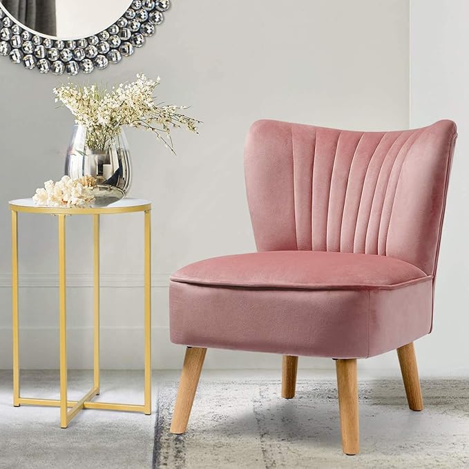 LUARANE Armless Velvet Accent Chair Modern Leisure Chair with Curved Backrest Thick Sponge Cushion Wood Legs Small Upholstered Wingback Sofa Chair for Bedroom Living Room (1 Pink)