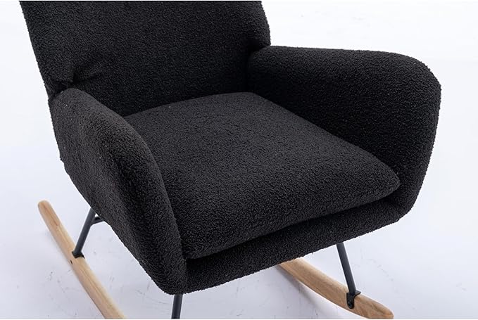 35.5 inch Rocking Chair Soft Teddy Fabric Rocking Chair for Nursery Comfy Wingback Glider Rocker with Safe Solid Wood Base for Living Room Bedroom Balcony (Black)