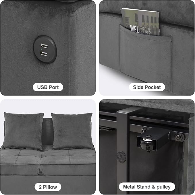 Sofa Bed 4-in-1 Convertible pull out Couch Velvet Love seat Couch Sleeper Chair Bed with 2 Throw Pillow Single Recliner with 5 Adjustable Backrests for Living Room Apartment Small Space Light Grey