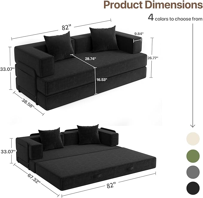 Claiks 4-in-1 Convertible Sofa Bed82 Inch Compression Sofa with Corduroy Fabric Pull Out Sleeper Sofa with 2 Pillows &amp 4 Side Pockets for Living Room Bedroom ApartmentNo Assembly RequiredBlack