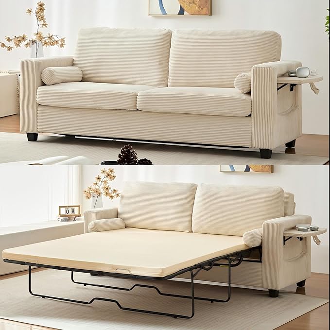 Mjkone 82 Width Queen Size Pull Out Sofa Bed Sleeper Couch with Pull Out Beds 2-in-1 Convertible Corduroy Loveseat Sleeper Sofa Couch Bed with Folding Mattress for Living Room Home Apartment Beige