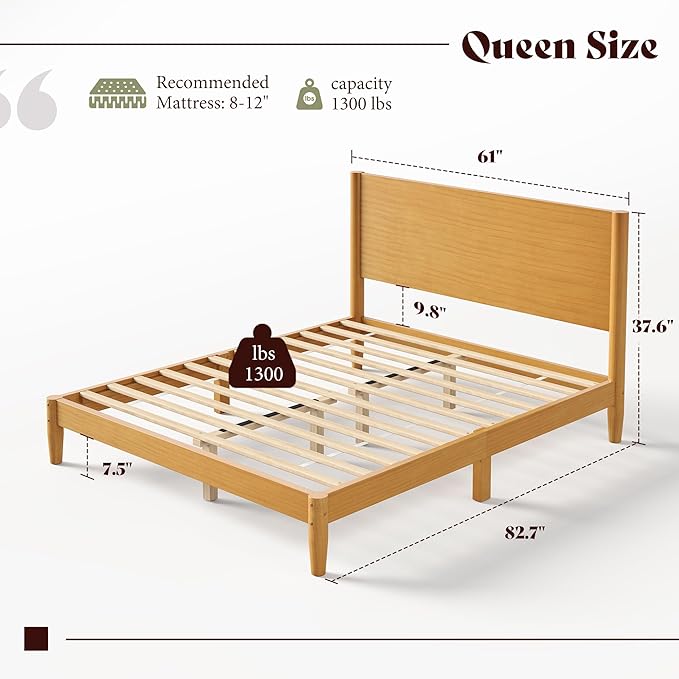 AMERLIFE Solid Wood Queen Bed Frame Mid Century Modern Platform Bed with Full Panel Headboard Wooden Bed with Cylindrical Legs No Box Spring Needed &amp Noise-Free Natural Wood