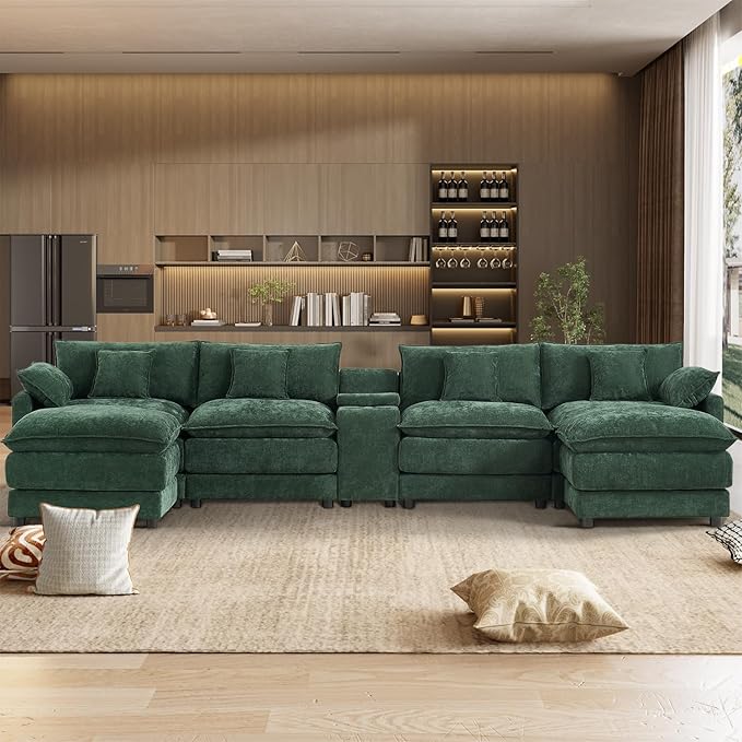 163 Oversized Modular Sectional Sofa U Shaped Cloud Couch Modern 6 Seat Sofa Set for Living Room Comfy Chenille Deep Seat with Storage Central Console Movable Ottomans Cup Holders USB Ports Green