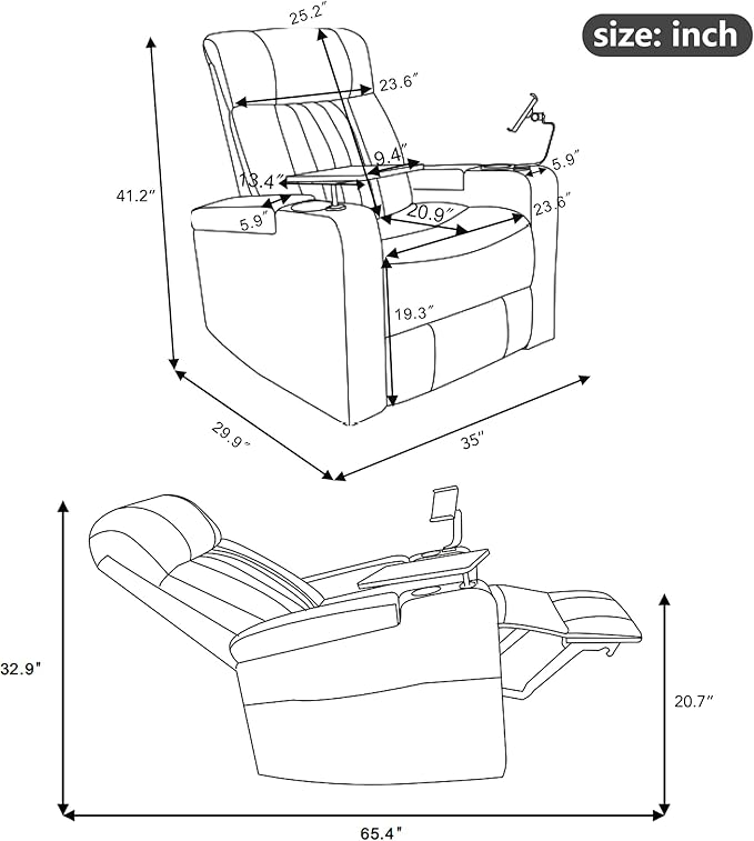 Brown Power Recliner Chair with Cupholders &amp Storage - Armchair Electric Reclining with USB Port 360° Swivel Tray Table Cell Phone Stand Ambient Lighting Leather Living Room Chair for Home The