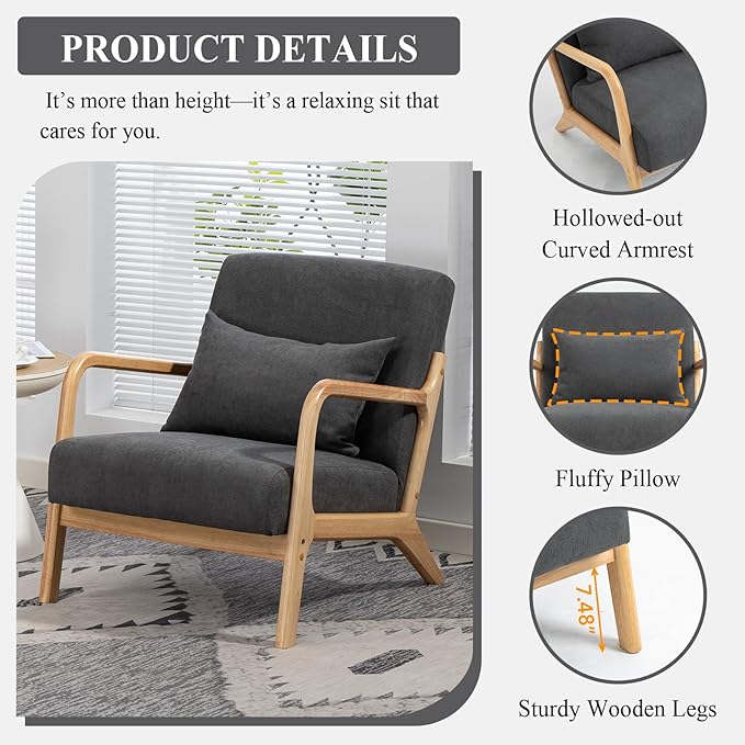 Minimalist Accent Chair Velvet Upholstered Mid-Century Modern Chair with Pillow Lounge Arm Chair with High Backrest Comfy Reading Chair for Living Room Balcony (Grey)
