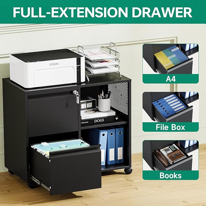Letaya Mobile File Cabinet Metal Lateral Rolling Printer Stand Filing Cabinets with Shelves for Home Office-Storage A4/F4 (Black)