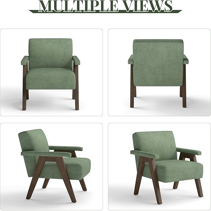 Mid-Century Accent Chair Linen Fabric Upholstered Lounge Armchair with Solid Wood Frame Modern Reading Chair for Living Room Bedroom ApartmentSage Green