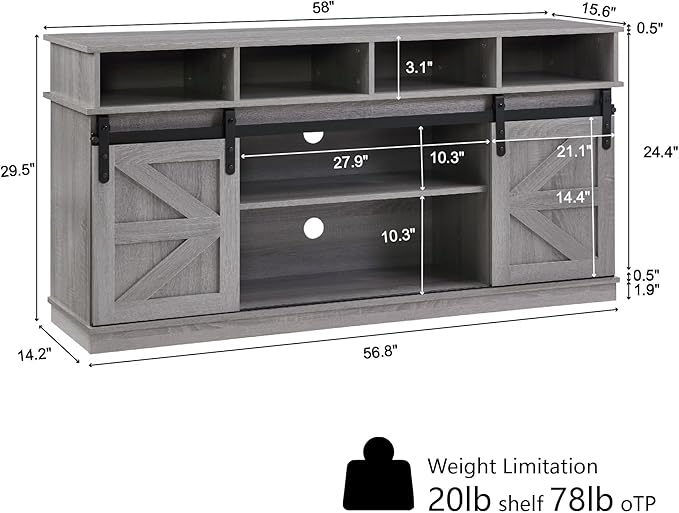 TV Stand for Living Room - Entertainment Center with Storage - Fits 65 Inch TV - Traditional American Country Style TV Cabinet - Media Console - Barn Door TV StandGrey.