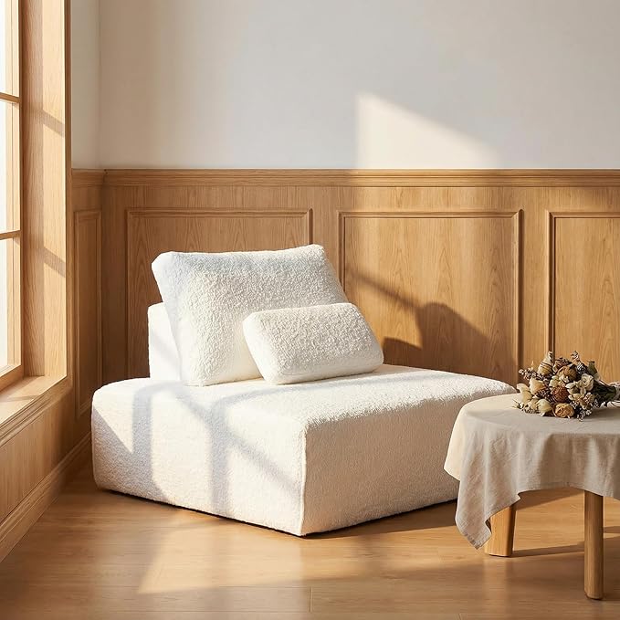 Modular Sectional Sofa Couch Boneless Single Sofa 1 Seat Couch with Deep Seat Memory Foam Cloud Chair with Pillows White Chenille Lazy Floor Couch for Small Spaces Living Room &amp Bedroom